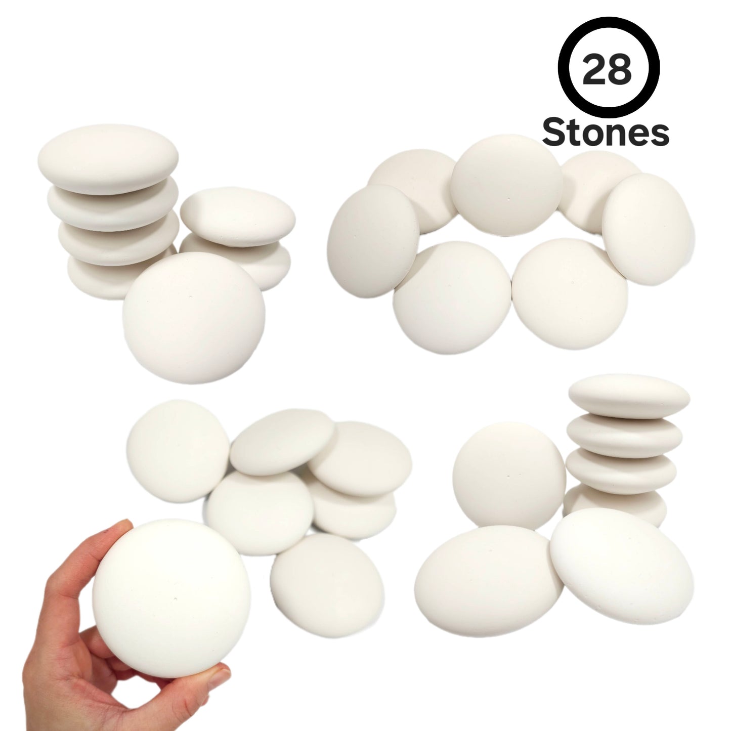Handmade 3” Plaster Painting Stones Set of 28 – Smooth White Craft Rocks with Center Dot – Acrylic Paint Art, DIY Kids Crafts, Garden Decor