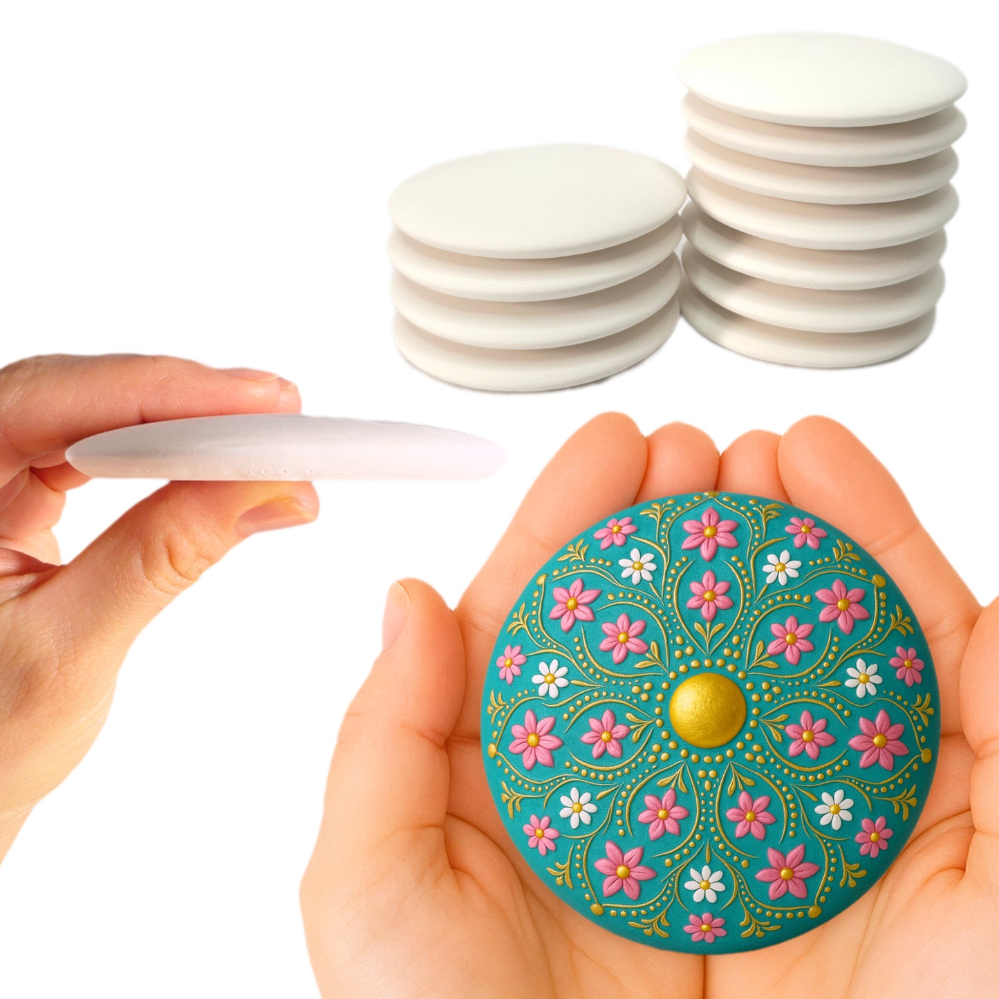 Smooth Flat-Back Painting Rocks with Center Dot for Mandala & Dotting Art, Thin 3” Plaster Stones , Lightweight Craft Surface