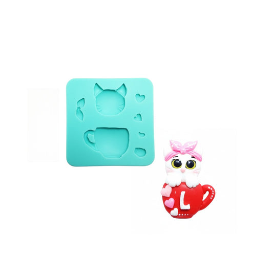 Kitten in Cup Silicone Mold for Fondant, Resin, Polymer Clay and Crafts